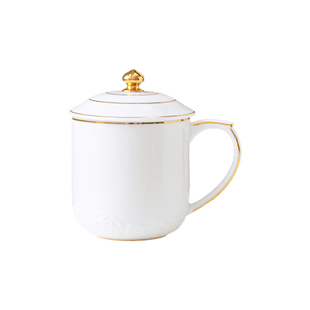 匠仙羊脂玉瓷描金会议杯高档德化白瓷家用会议室水杯带碟定制logo