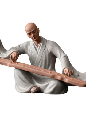 禅意小和尚摆件抚琴弹琴小僧桌面