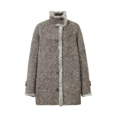 ELEI 25秋冬 羊毛羊驼立领兔毛拼接A版显瘦中长款双面呢大衣外套