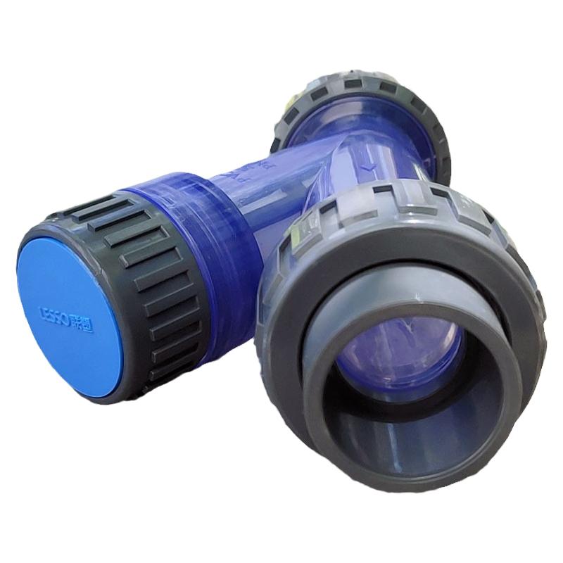【壁厚】蓝色透明管道式塑料Y型过滤器 UPVC污水过滤网阀门 法兰