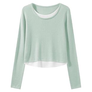 浅绿色撞色假两件针织衫女2025新款小个子设计感显瘦上衣打底衫秋