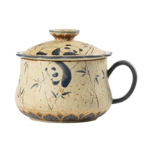 熊猫青花火石红茶咖杯茶水分离泡茶杯复古窑变陶瓷办公杯个人专用