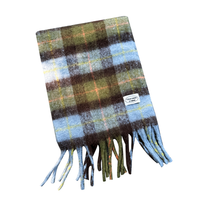 韩系绿色格子马海毛流苏围巾