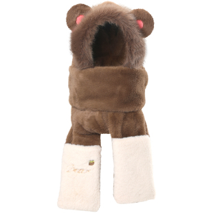 畹町布丁熊帽子围巾手套一体毛绒帽子女冬季保暖三合一护耳围巾帽