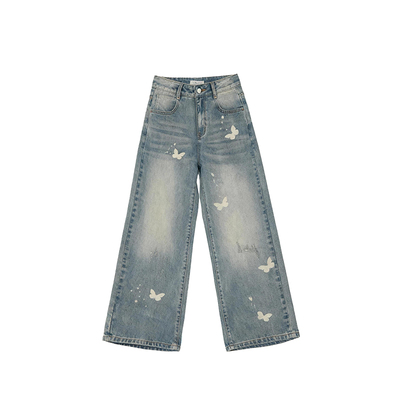 自然涩直筒牛仔裤女2026美式复古蝴蝶印花女裤极简水洗做旧阔腿裤