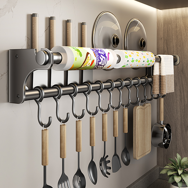 厨房挂钩架免打孔挂杆壁挂式304不锈钢挂勺子铲子保鲜膜置物架子