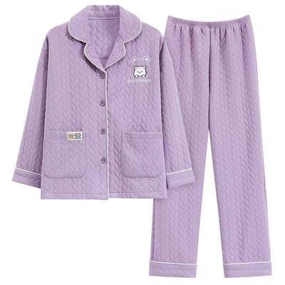 100%纯棉加厚薄夹层睡衣女秋冬季中厚棉女士开衫家居服套装可外穿