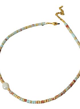 天然彩色串珠碧玉石淡水珍珠项链女叠戴莫瑞风轻奢小众锁骨颈链