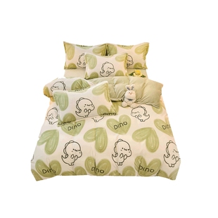 卡通儿童冬季加绒牛奶珊瑚绒被套单件双面床单被罩绿色被单四件套