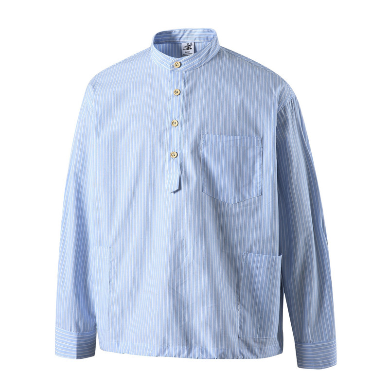 老鼻嘎春夏新条纹日系boxy短款立领套头长袖条纹中性男女上衣vibe