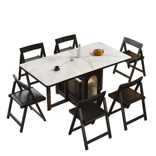 奶油风实木岩板折叠餐桌椅组合可移动伸缩家用耐高温易清洁储物桌