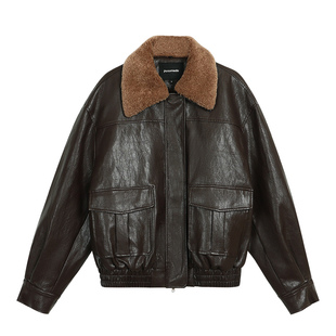 pusumede 摩登回响 复古羊羔绒翻领皮衣女高级感宽松可拆毛领外套