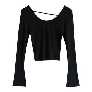 抓绒磨毛保暖内搭纯欲气质斜杠羊绒棉高弹力薄绒喇叭袖T恤打底衫