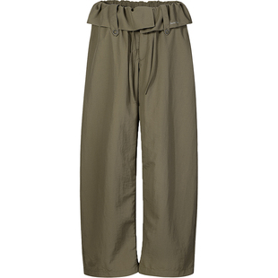 GUUKAHERO豆绿色休闲裤女春季新款 抽绳设计感宽松荷叶翻边阔腿裤