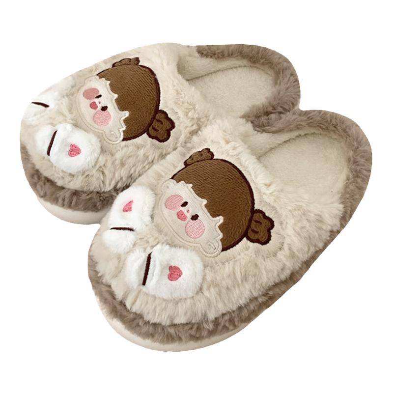 细细条 情侣可爱卡通棉拖鞋男女冬季半包跟厚底保暖毛绒绒月子鞋