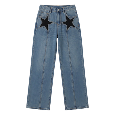 Pentagram patchwork jeans 撞色后背五角星拼接女士牛仔裤休闲裤