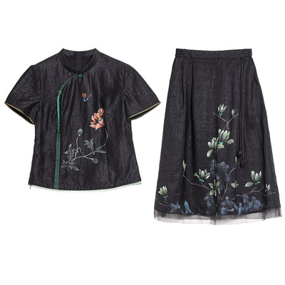 阔太太龟裂纹香云纱套装品牌真丝蚕丝夏季新款妈妈时尚复古两件套