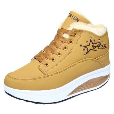 冬季加绒保暖防滑棉鞋皮面防水女式休闲运动摇摇鞋增高厚底妈妈鞋