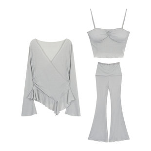 CUICUI崔崔【冷清舟】纯欲风交叉V领修身显瘦长袖上衣休闲裤套装