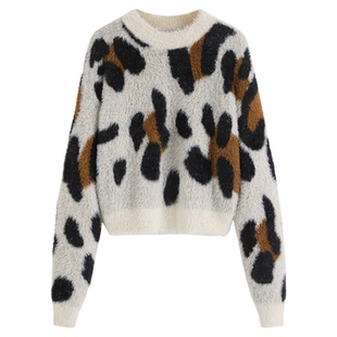 CIDER 长袖针织上衣新款美式复古圆领豹纹毛茸茸毛衣女112190821