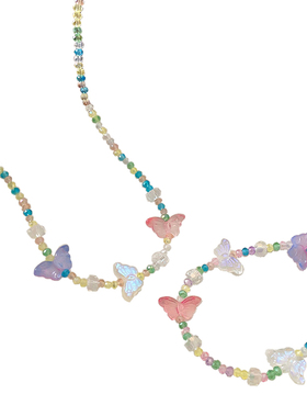 原创不掉色成人女童儿童人造水晶项链亲子彩色水晶亚克力蝴蝶项链