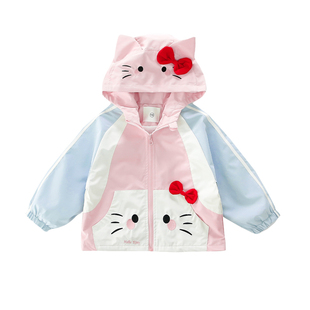 春天外套女童新款猫咪连帽上衣春季2026洋气拼接冲锋衣休闲衣服潮