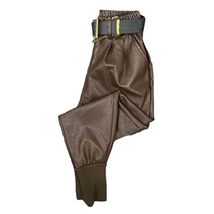 韩版秋季新款砂洗皮马丁裤女高腰宽松显瘦靴裤抗皱免洗加厚哈伦裤