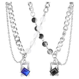 爆裂珠方糖情侣项链男女轻奢小众潮流钛钢毛衣链蓝色吊坠生日礼物