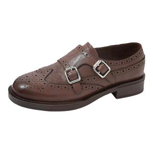 康莉英伦风系带小皮鞋秋季新款真皮复古黑色乐福鞋布洛克鞋单鞋