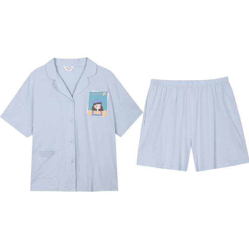 秋鹿睡衣女夏季胸前印花浅色系开衫短袖短裤家居服休闲居家衬衫
