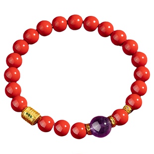 九华山正品天然朱砂紫晶手串女款大红大紫本命年手链佛珠饰品