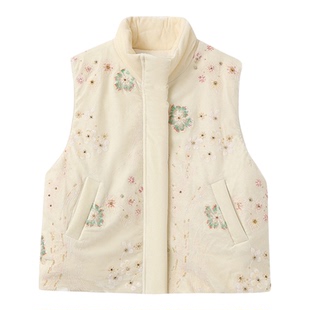 冬季国风刺绣设计马甲女复古立领重工绣花钉珠无袖羽绒服马夹女