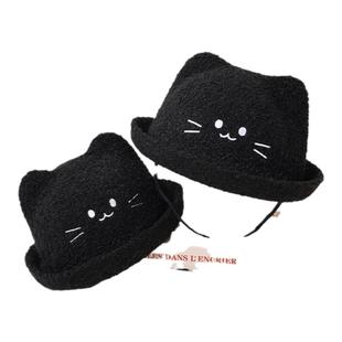 九木杂物社日系帽子女小黑猫渔夫帽成人款儿童款针织帽可爱百搭