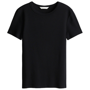 HM女装T恤夏季时尚修身短袖窄边领口直筒下摆上衣1260556