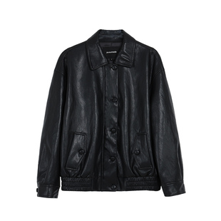 pusumede【现货6折】夜幕流星 复古黑色pu皮衣外套女夹克机车服