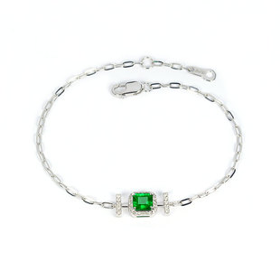 G18K白金赞比亚天然方形祖母绿手链 绿色宝石镶钻石女款手饰正品