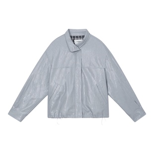 【航线夹克】CAREMIND复古油蜡质感褶皱皮衣小个子翻领夹克外套女