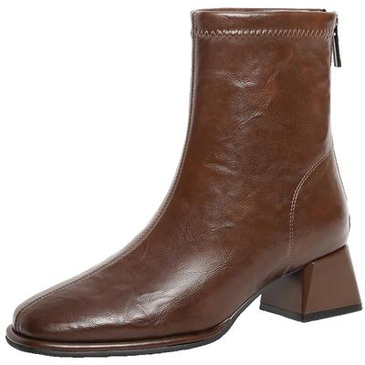 百丽女靴子弹力靴褶皱新款粗高跟时装靴通勤显瘦瘦短靴B2348DZ4