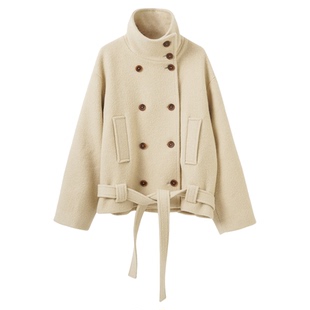 LUNAFUNG冯下文·腰带款毛呢外套双排扣立领女韩版大衣朴孝敏穿搭