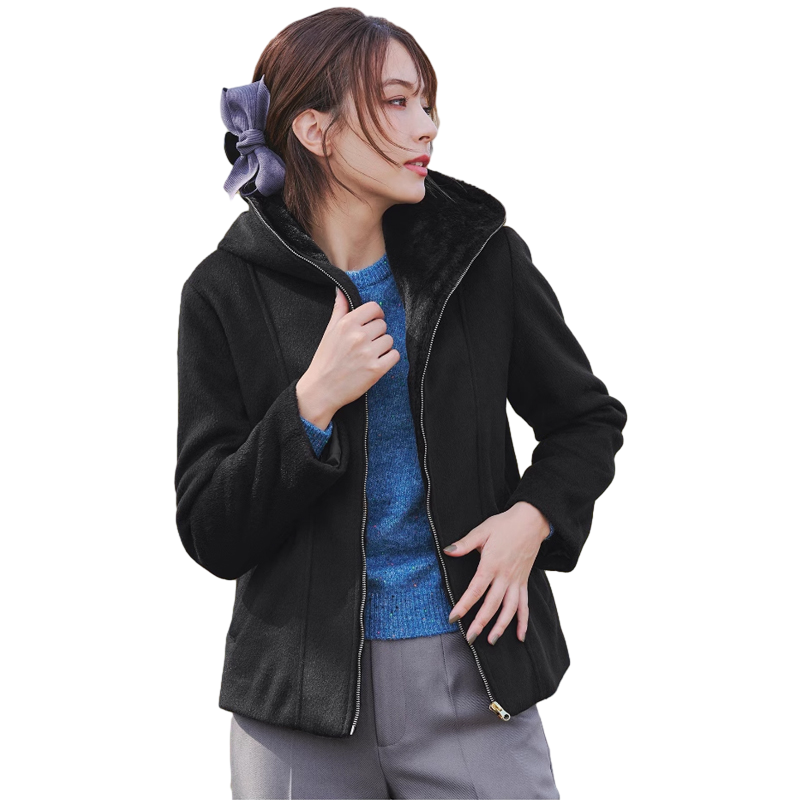 Tiaclasse毛绒短款连帽外套加厚保暖女士里层加绒日系轻奢ONWARD