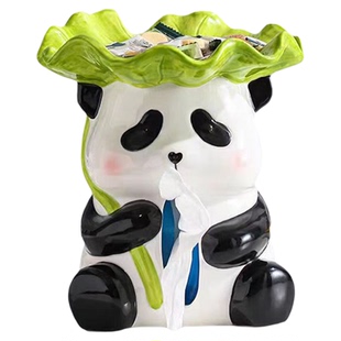 可爱熊猫造型纸巾盒创意卡通收纳盒家居装饰摆件荷叶家用陶瓷客厅