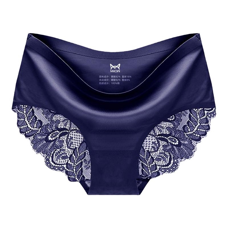 猫人冰丝无痕内裤女纯棉裆透气女士三角短裤蕾丝薄款中腰大码短裤
