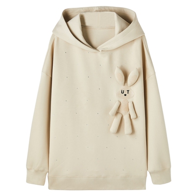 U/TI浅米色兔子玩偶连帽卫衣女百搭慵懒休闲上衣尤缇时尚春季新款