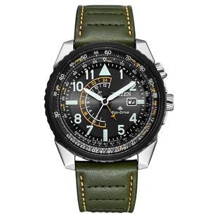 西铁城官方光动能两地计时运动户外卡其军绿色皮带男士手表BJ7138