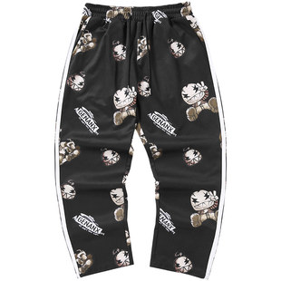 GENANX闪电潮牌黑色长裤logo原创设计满印侧条纹修身休闲运动裤男