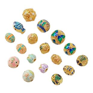 强保色18K铜镀金古法烧蓝工艺宝宝吞金兽圆珠手工DIY手链散珠配件