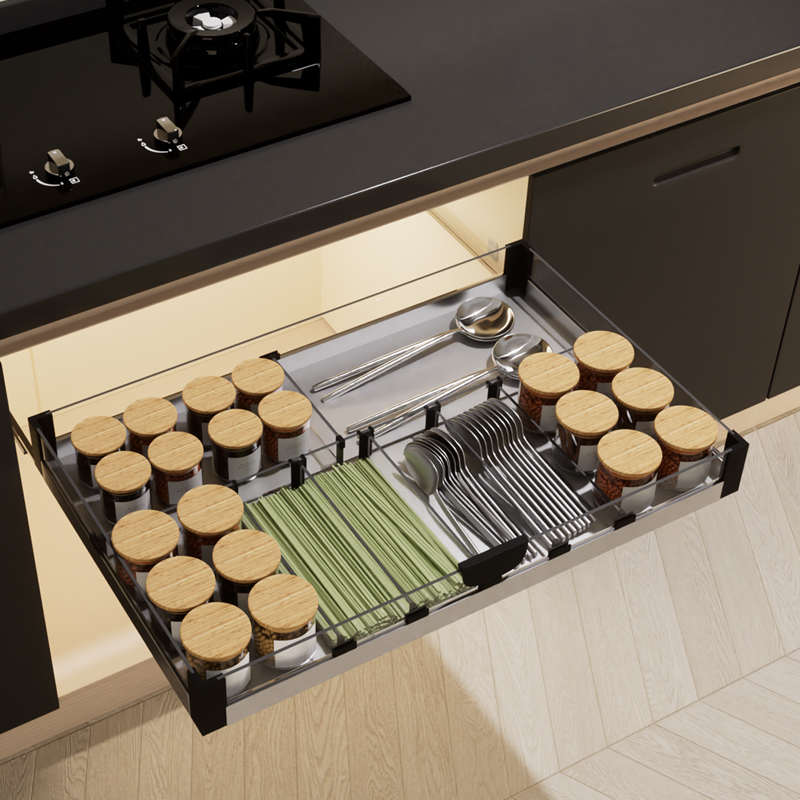 厨房橱柜工具拉篮304不锈钢玻璃单层抽屉式厨柜内置物架分隔收纳