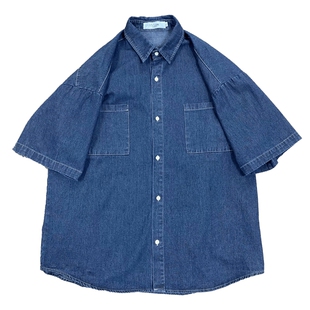 港风复古牛仔衬衫夏季男款潮牌短袖衬衣青少年宽松休闲工装薄外套