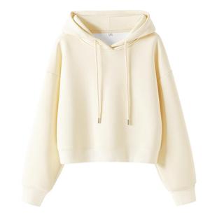 真维斯短款杏色连帽卫衣女春秋2026新款加绒加厚秋冬上衣外套女W