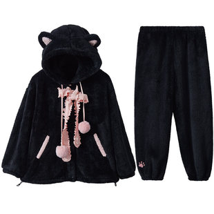 红豆女士睡衣泡泡绒加厚保暖冬居家法兰绒套头珊瑚绒家居服套装预